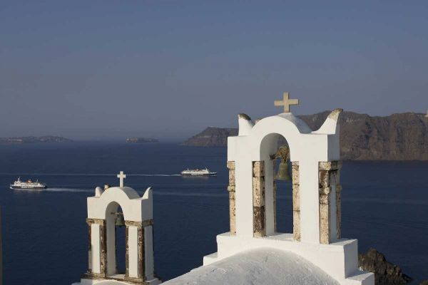 Greece, Thira, Oia Bay scenic with bell tower